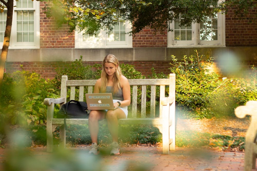 UNC freshman Sara McClure poses for a portrait while studying on campus on Tuesday, Oct. 27th, 2020.