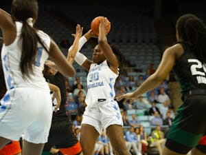 Junior center Janelle Bailey (30) prepares to shoot the ball against Miami in Carmichael Arena on Thursday, Jan. 16, 2020. The Tar Heels won 78-58 against the Miami Hurricanes.