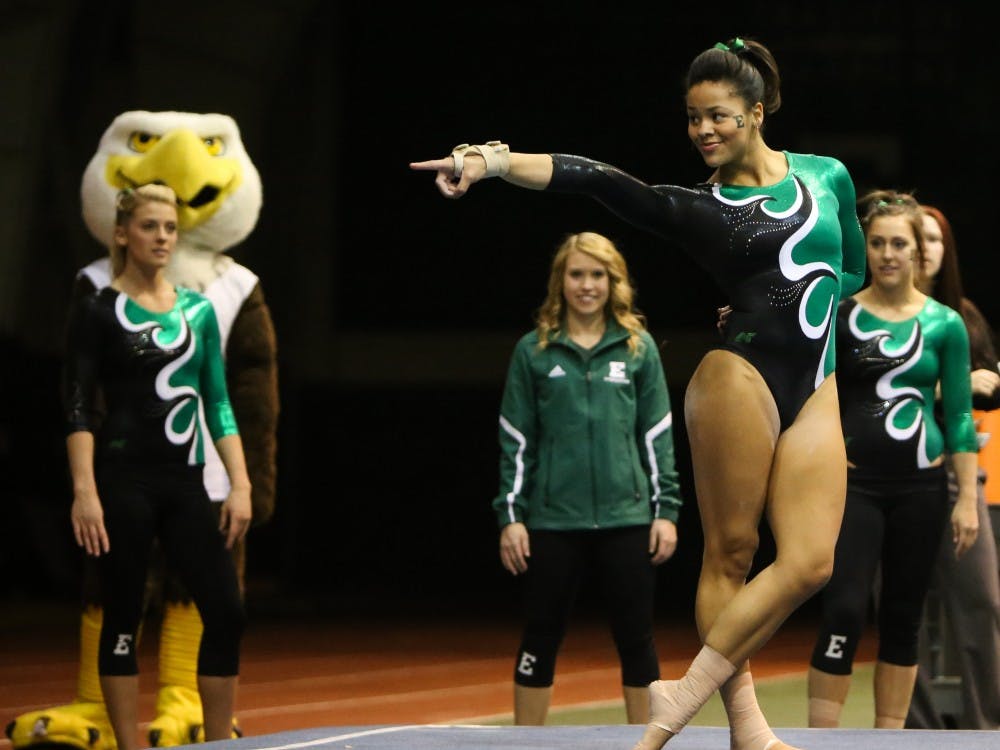 Eastern Michigan sophomore Khadijah Hudson finishes up her floor routine in the Eagles 195.925-194.600 loss to Central Michigan Friday night.