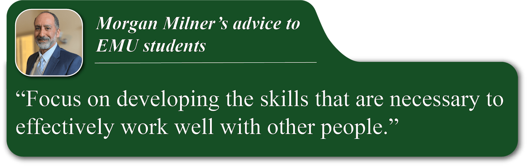 A small portrait image of Morgan Milner in the upper-left corner of a green quote blurb. He is smiling and wearing a blue suit. His advice reads, "Focus on developing the skills that are necessary to effectively work well with other people."
