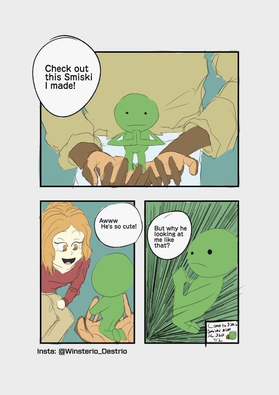 Isaiah Sanders comic strip: Smiski Comic, a girl shows her friend a Smiski she made. Did the Smiski pray today?
