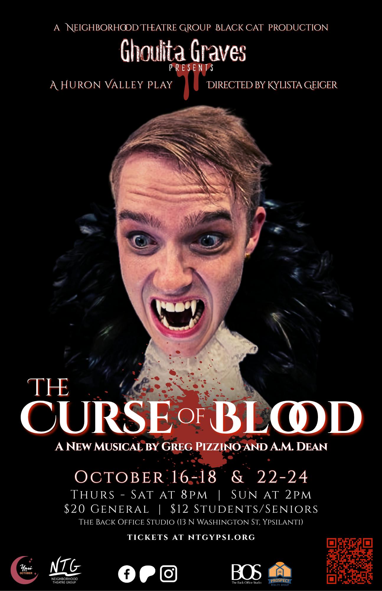 A person is dressed as a vampire with fangs and blood dripping down while wearing a feathered black costume and making a menacing face.
