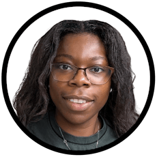 A black circle with a white background framing a smiling woman wearing glasses.