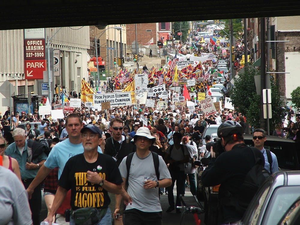 Several thousand people marched peacefully across Pittsburgh in protest of the G-20 Summit.