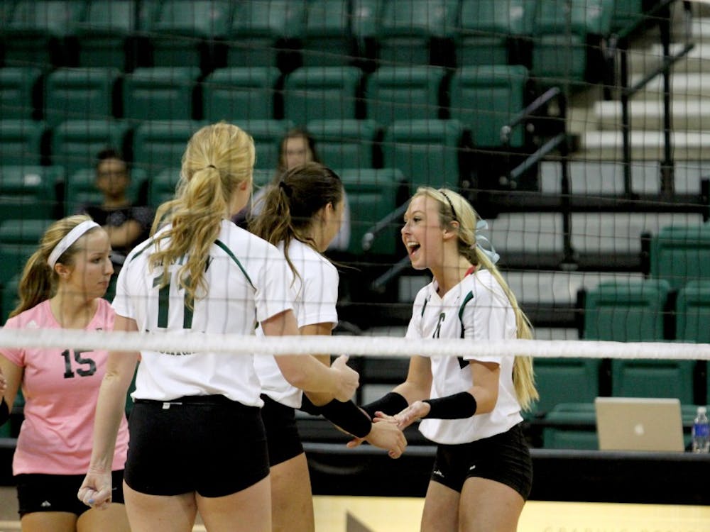 Jordan Smith celebrates a spike against Ball State at the Convocation Center.