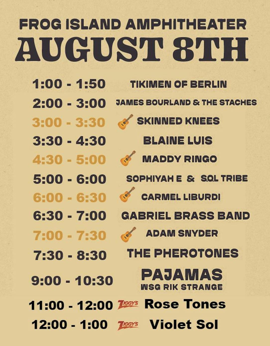 A list of times and artists for a music festival.