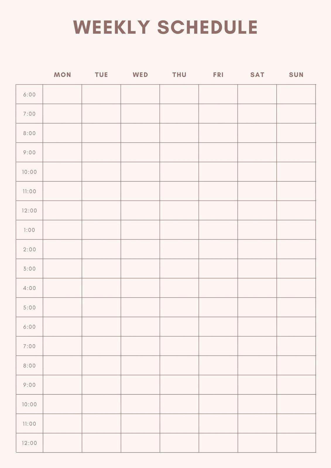 A pink piece of paper with a table for a weekly schedule printed on it. The days of the week from Monday through Sunday are written out horizontally at the top of the page, and the different times of each day, from 6 a.m. to midnight, are written vertically down the left side. 