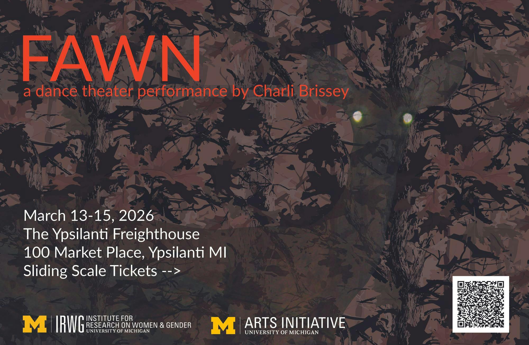 Poster for Fawn with text that says "Fawn. A dance theater performance by Charli Brissey" with a deer in leaves in the background.