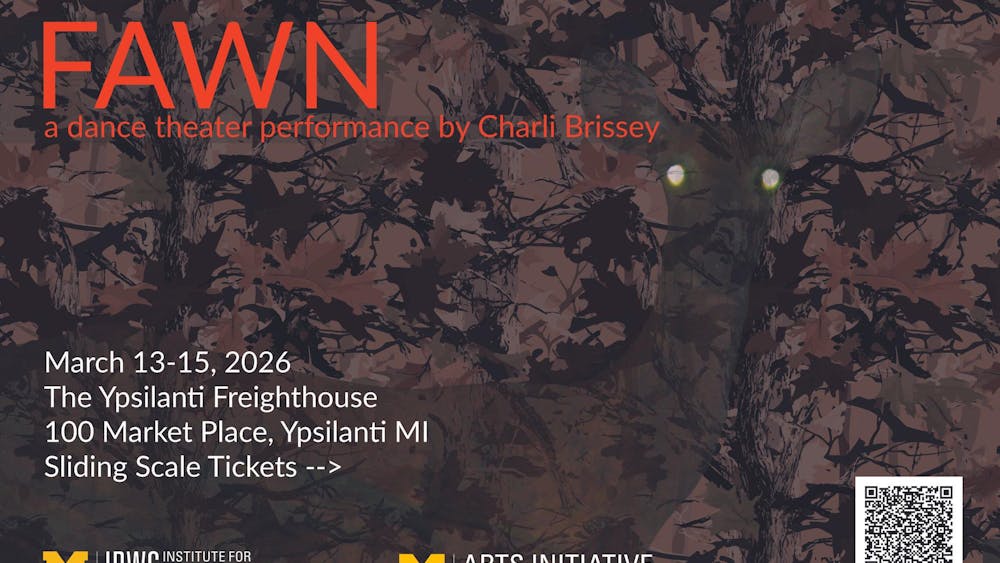 Poster for Fawn with text that says "Fawn. A dance theater performance by Charli Brissey" with a deer in leaves in the background.