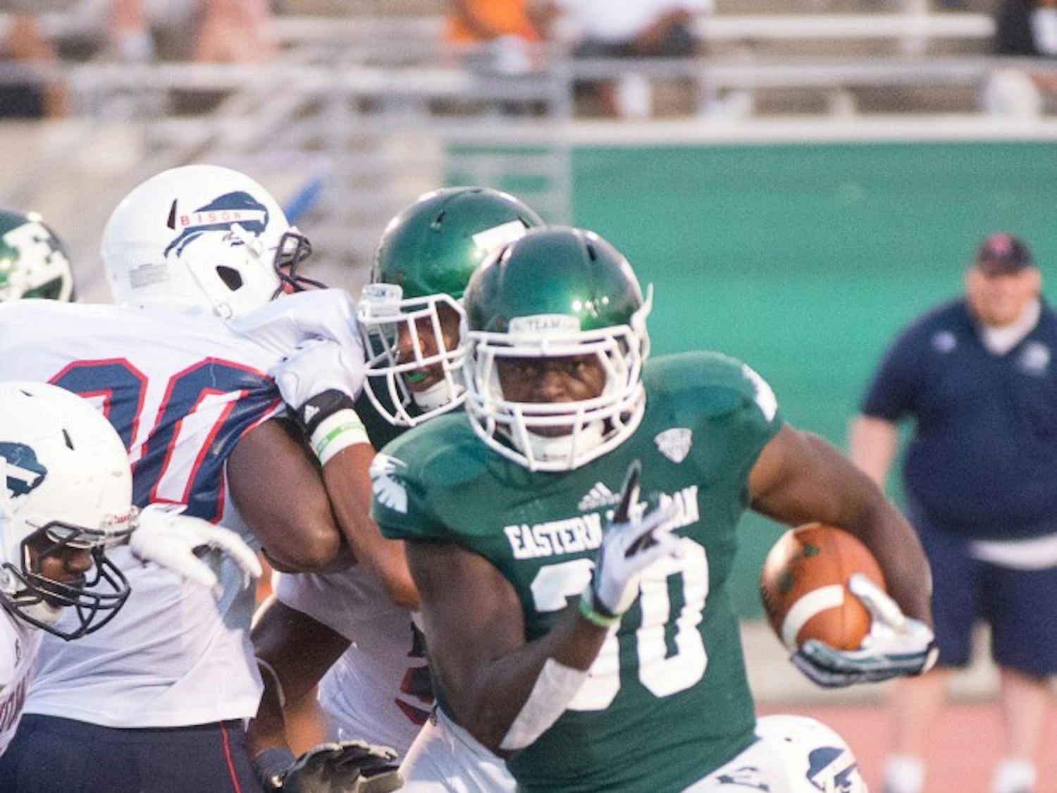 Eastern Michigan running back Bronson Hill runs for a touchdown during the Eagle's game against Howard on August 31 at Rynearson Stadium.