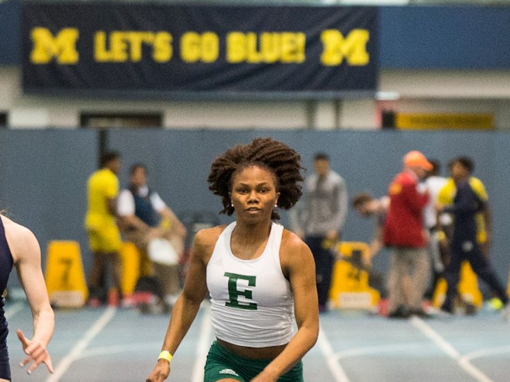 Eastern Michigan sprinter Aaliyah McKinney flies down the track during the 60m final at the Simmons-Harvey Invitational on 17 Jan. in Ann Arbor.