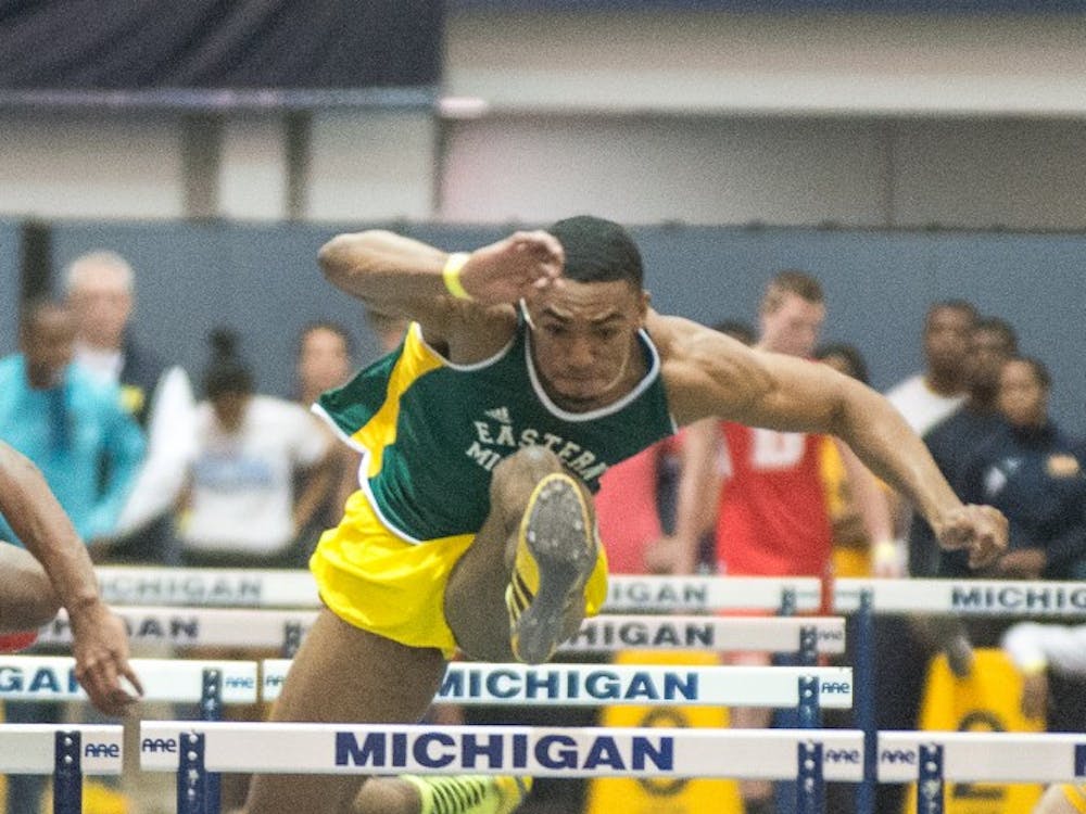 Eastern Michigan's Soloman Ijah fighting for the win in the 60m hurdles on 18 January at the Simmons-Harvey Invitational in Ann Arbor.