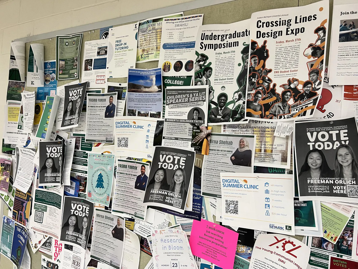 Dozens of flyers, including many campaign flyers, cover a barely visible bulletin board.