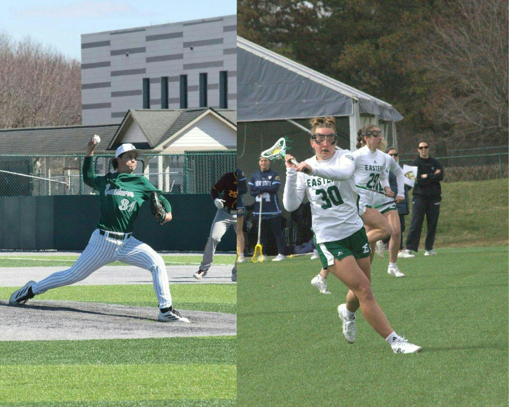 A collage shows Michael Pfieffer pitching the ball in a baseball game in one photo, and Annika Wozney passes the ball to a teammate at a lacrosse game in another photo.