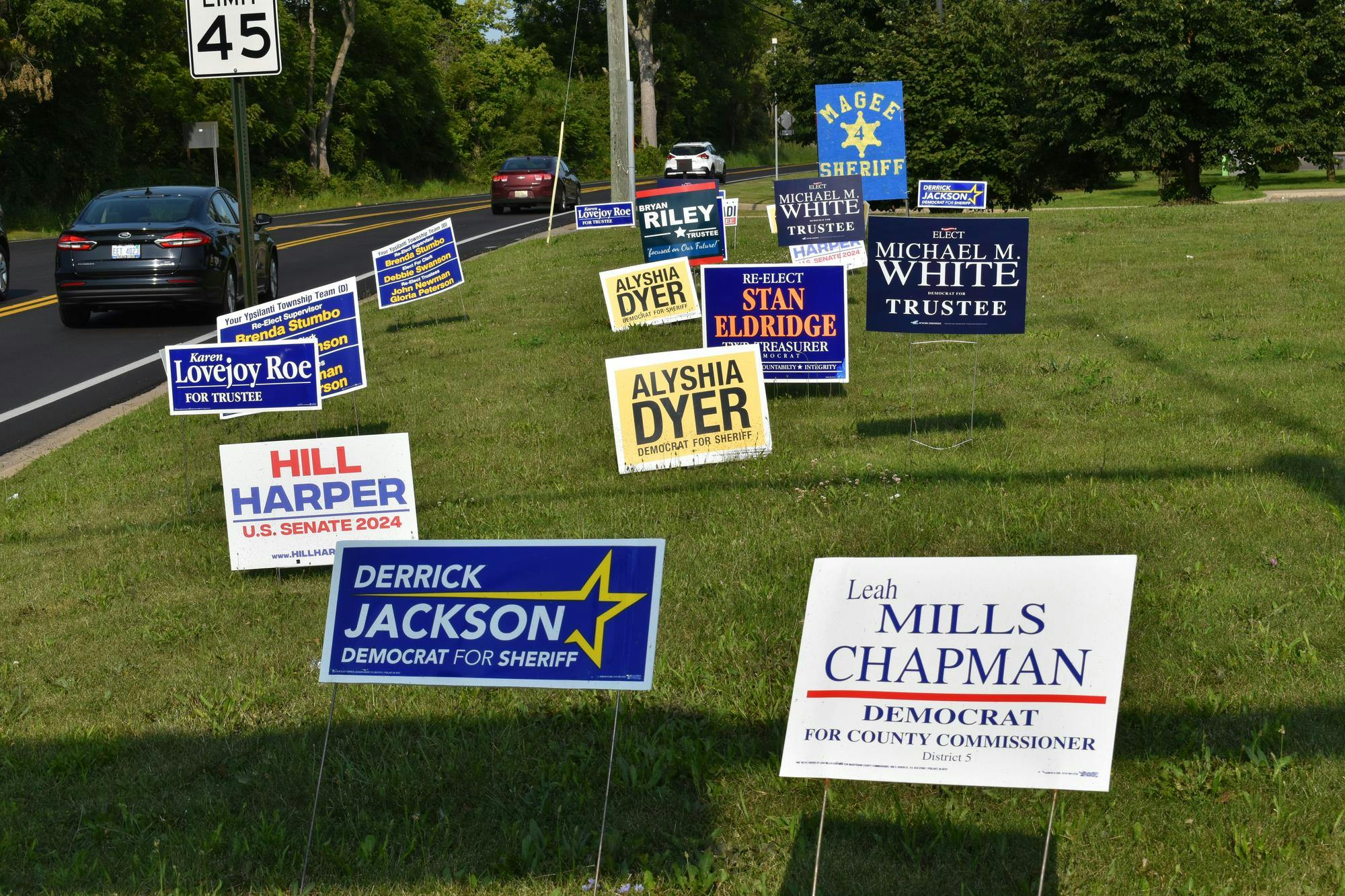 Political campaign signs for multiple competing candidates are staked into the ground on the side of the road. 