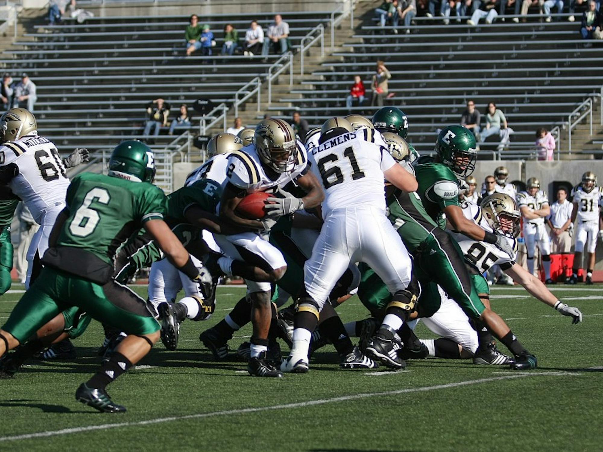 Western Michigan tailback Brandon West (2) rushes against Eastern Michigan on Saturday at Rynearson Stadium. He set the FBS record for most career all-purpose yards.
