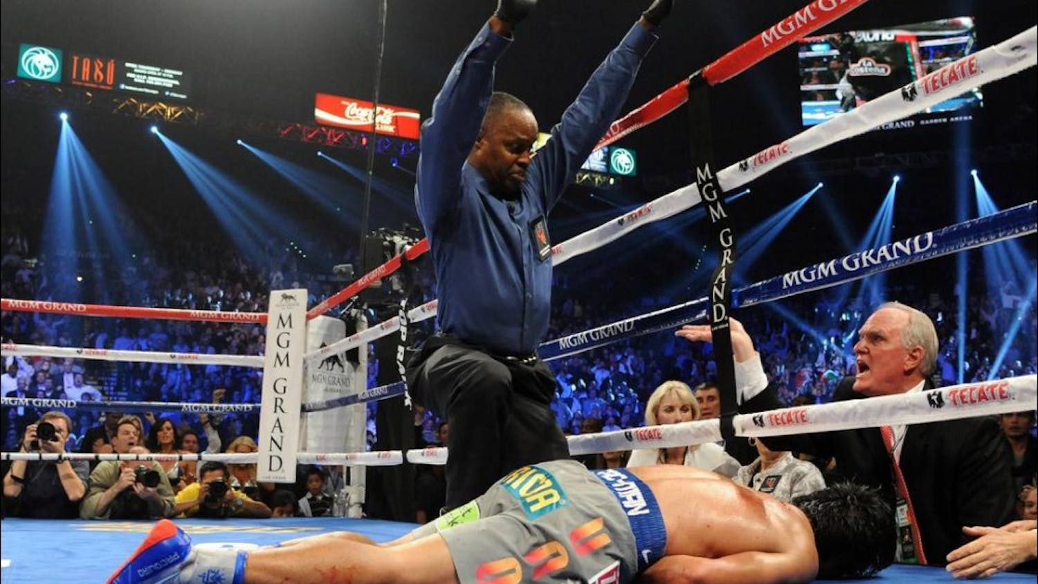 Manny “Pacman” Pacquiao sprawled out on the canvas following a devastating right hand blow from Juan Manuel Marquez on Saturday.