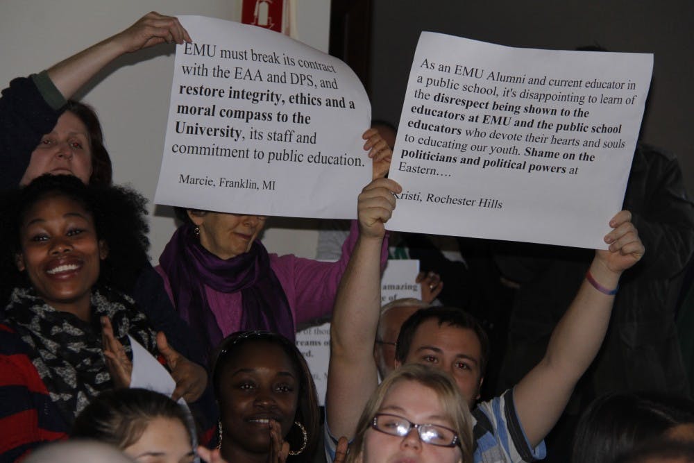 	EMU students, faculty and alumni gathered at Tuesday’s Board of Regents meeting to oppose the university’s affiliation with the EAA.