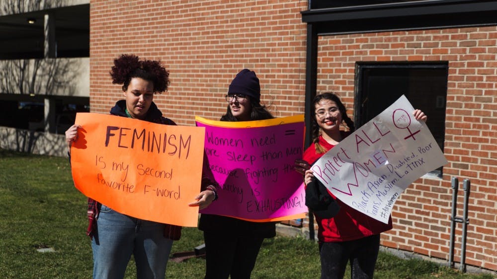 Students demonstrating on EMU's campus on International Women's Day, March 8.