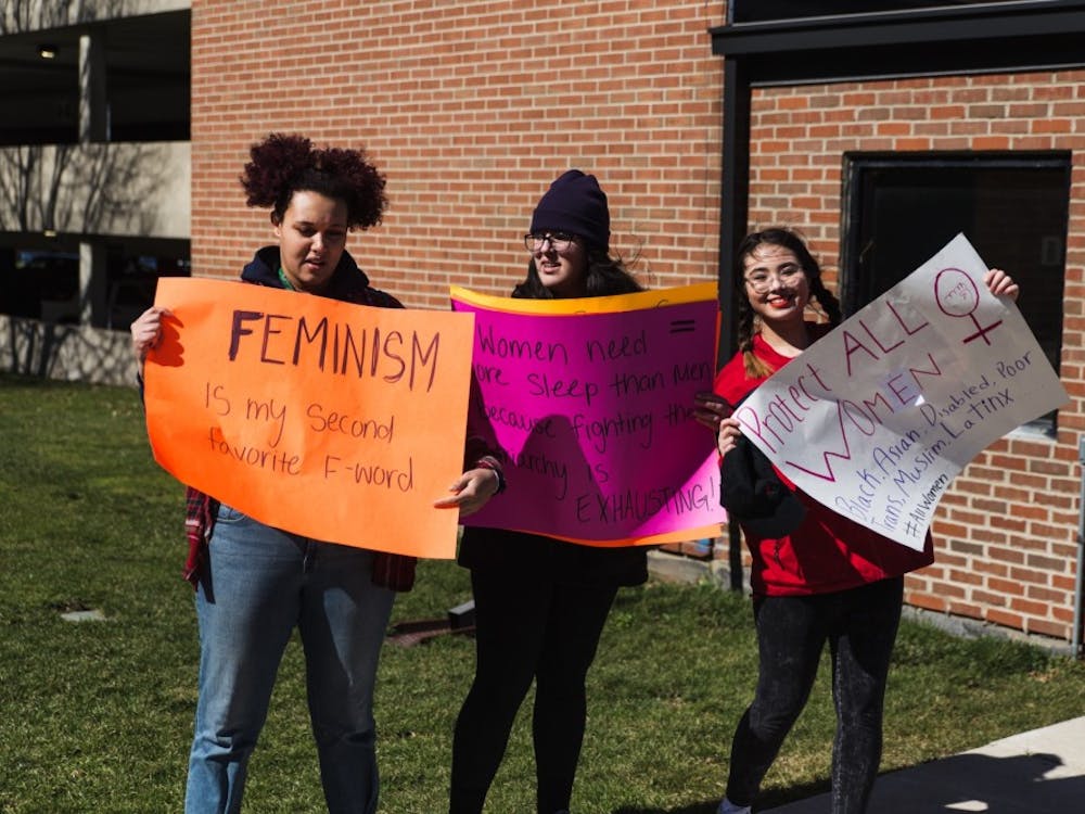 Students demonstrating on EMU's campus&nbsp;on International Women's Day, March 8.