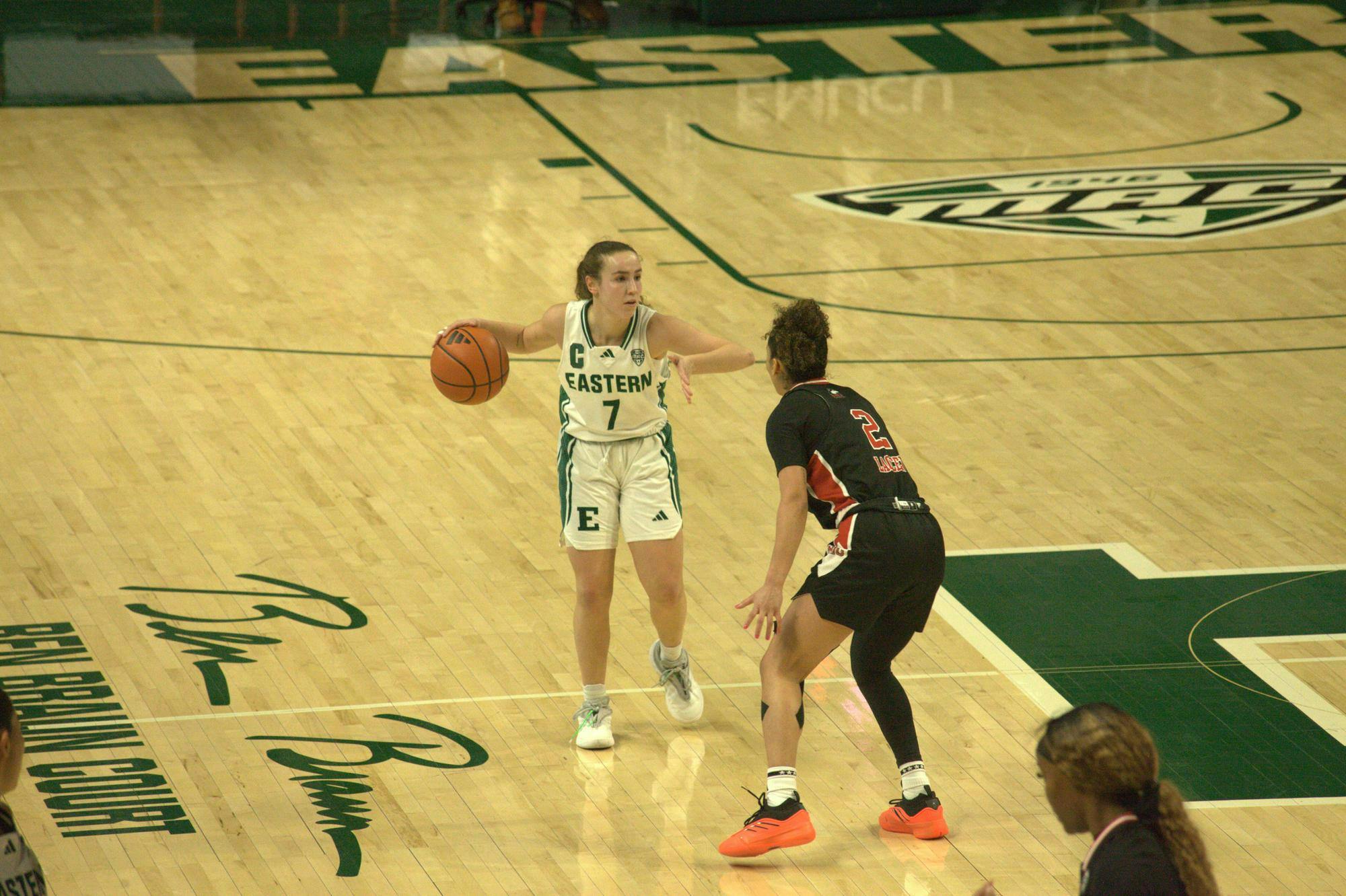 Eastern Michigan Women's Basketball player faces off against opponent on the court with basketball.
