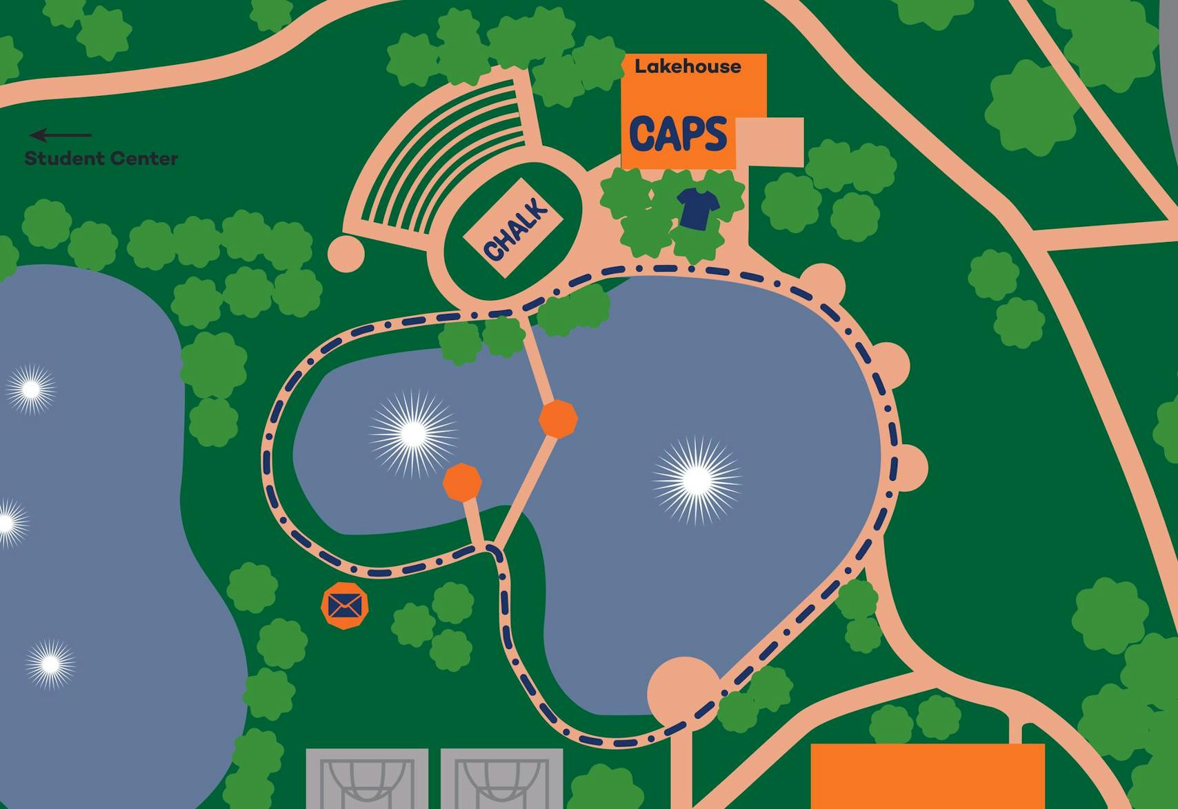 A map of the pond at EMU with other icons showing activities that are going to be present at the Together Walk.