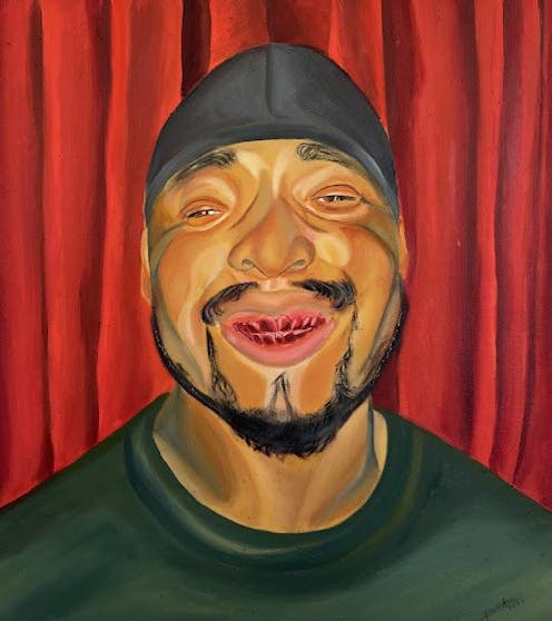 Close-up painting of a smiling man.