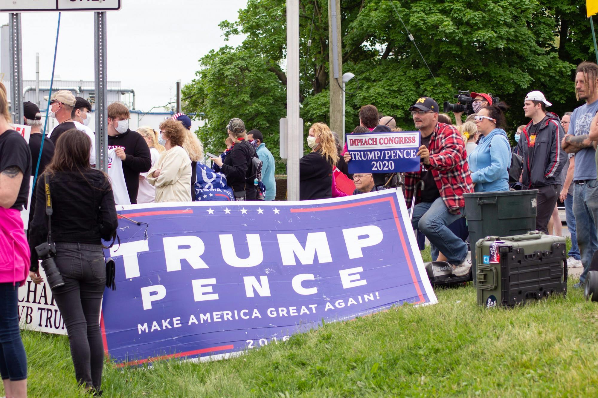 A 2016 Trump presidential campaign banner during a Trump welcome rally on May 21, 2020