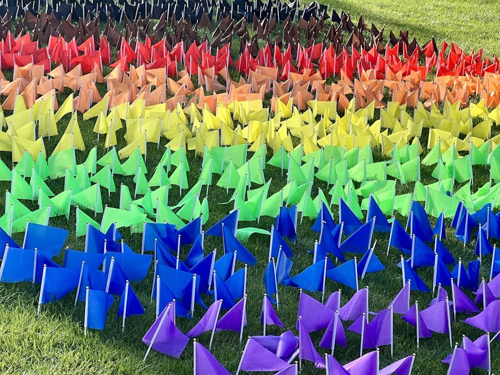 EMU's pride flag display, located on the Pray-Harold lawn.