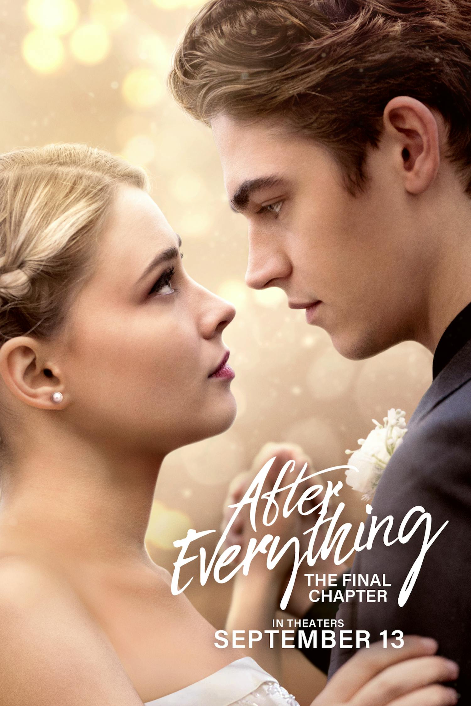 Promotional photo shows Tessa, portrayed by Josephine Langford, and Hardin, portrayed by Hero Fiennes Tiffin, from the film "After Everything," looking into each other's eyes.