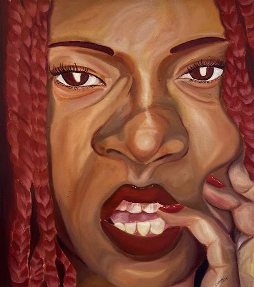 Close-up painting of a woman's face with teeth barred in a snarl and hand resting under her chin. 