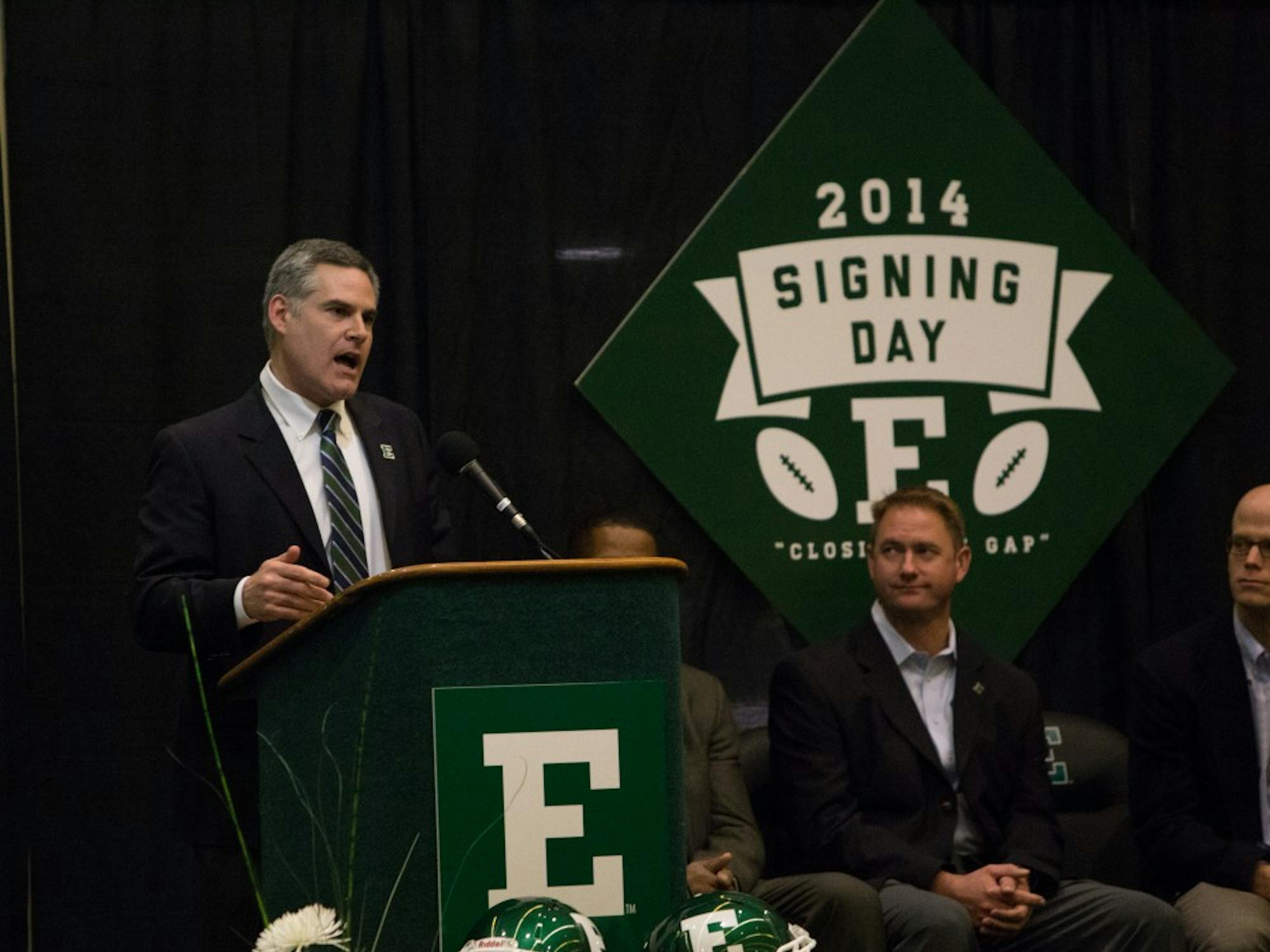 	EMU football coach Chris Creighton speaks at Wednesday&#8217;s National Signing Day event in the atrium of the Convocation Center.