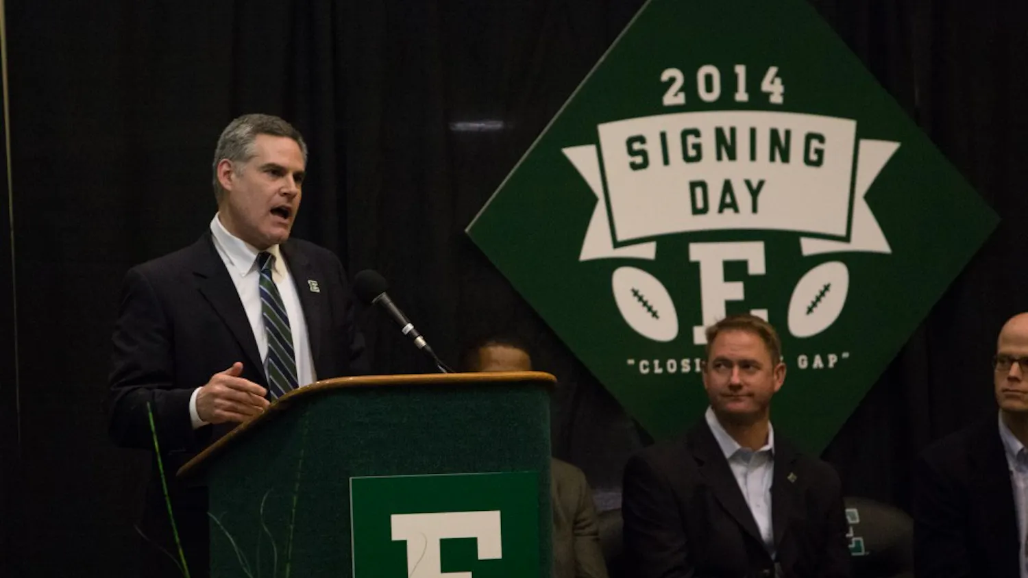 EMU football coach Chris Creighton speaks at Wednesday’s National Signing Day event in the atrium of the Convocation Center.