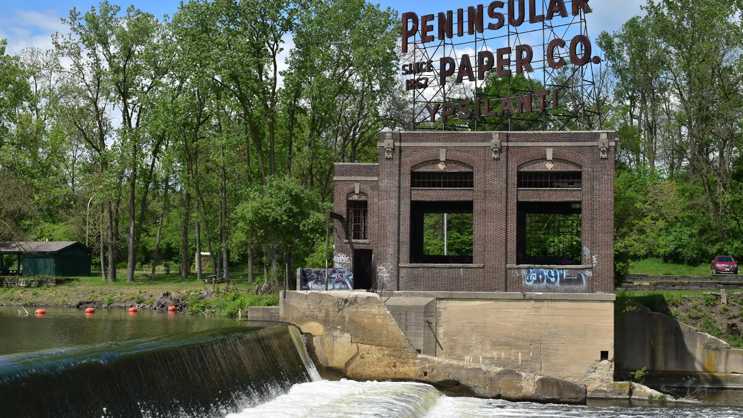 The view of the Peninsular Paper Dam from Peninsular Place.