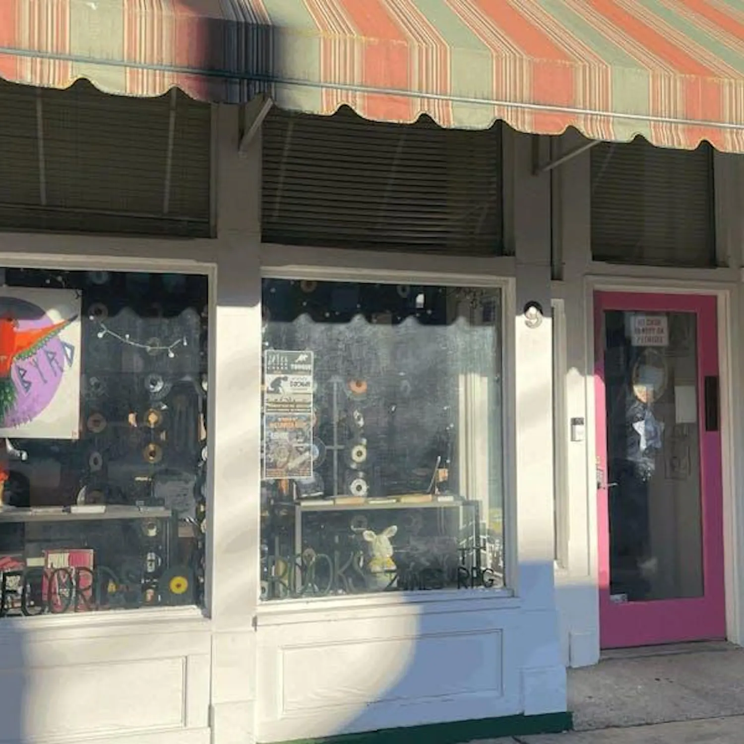 White-painted storefront with large windows and a green and red awning above the entrance. Vinyl records hang in the window with a sign reading "Wyrd Byrd."