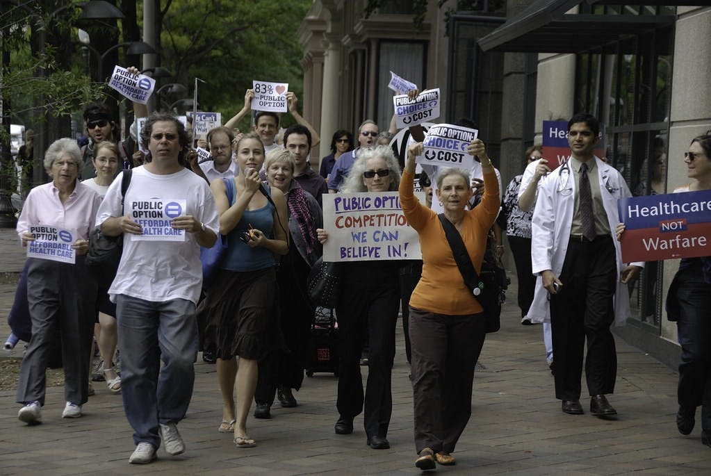 Protesters supporting a public insurance option