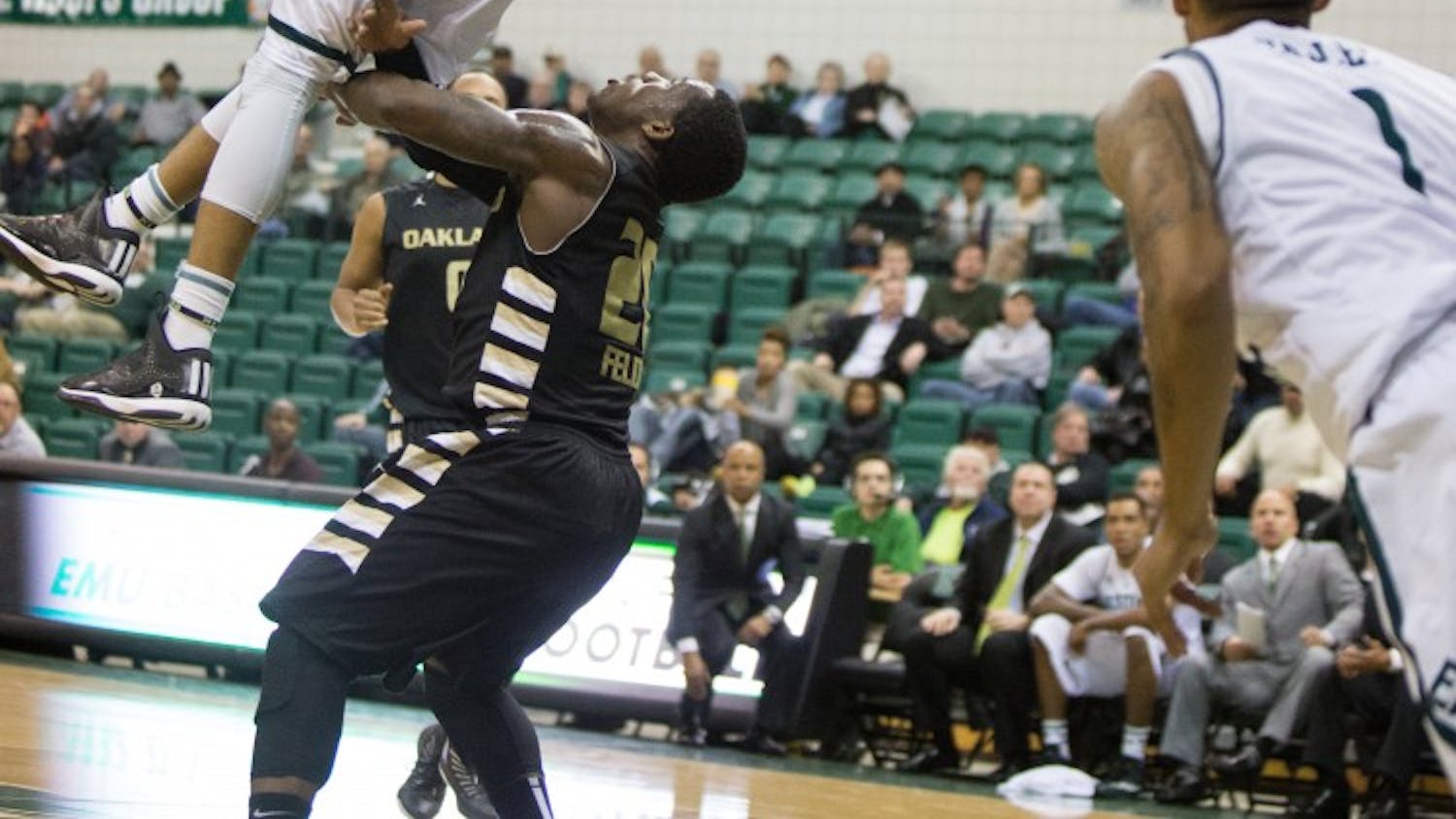Eastern Michigan forward Karrington Ward throws down a massive dunk in the Eagles 89-77 win over Oakland Monday night in Ypsilanti. The dunk was also featured as the number 1 play on SportsCenter's Top Ten.