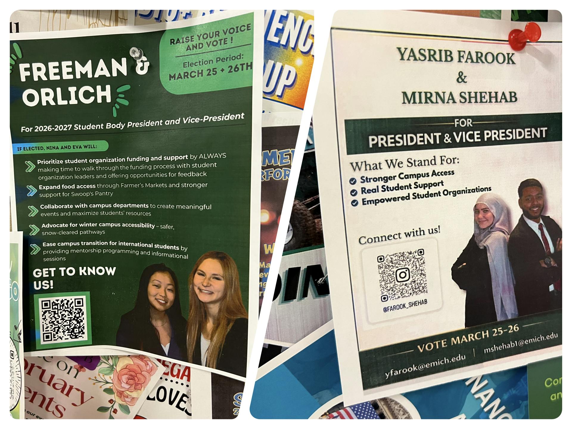 Two fliers juxtaposed next to each other in a collage show candidates' names and platform bullet points.