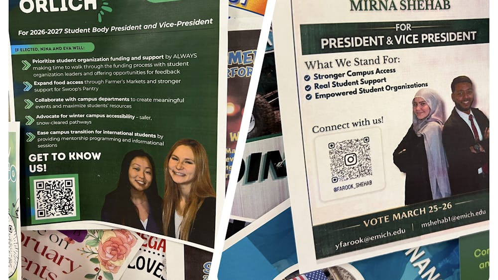 Two fliers juxtaposed next to each other in a collage show candidates' names and platform bullet points.