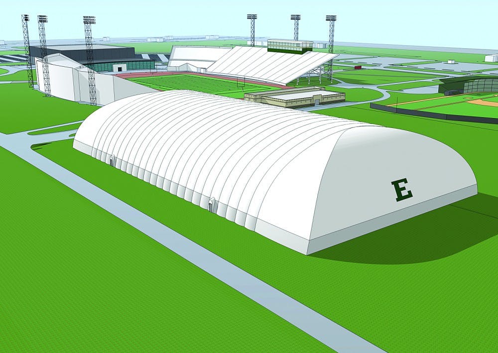 	A digital representation of the practice facility, which is expected to be 410 feet long, 210 feet wide and 75 feet tall.