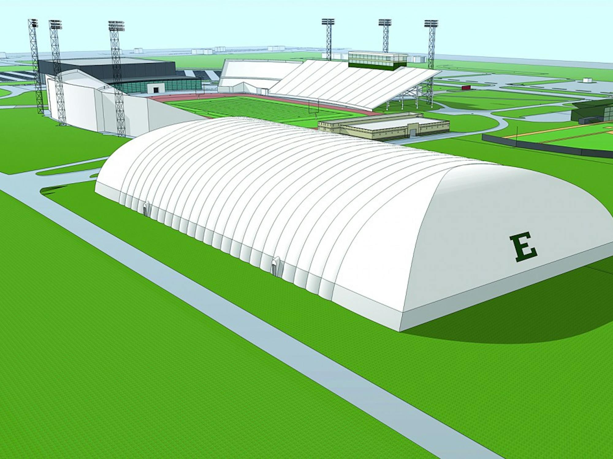 	A digital representation of the practice facility, which is expected to be 410 feet long, 210 feet wide and 75 feet tall.