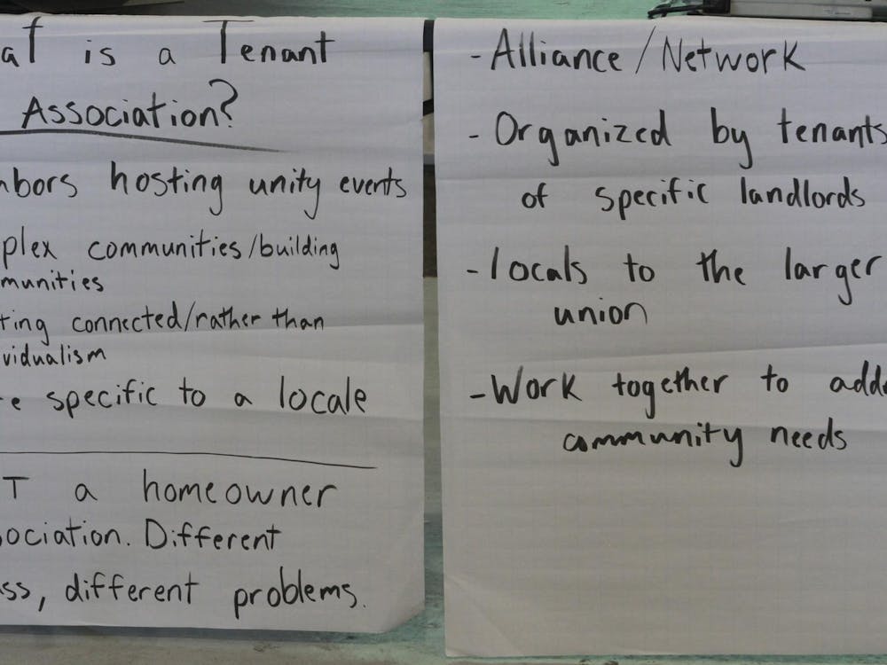 Two pages with ideas collected from participants at the Ypsilanti Tenants Union "Tenant Organizing 101" workshop on the question "What is a tenant association?"