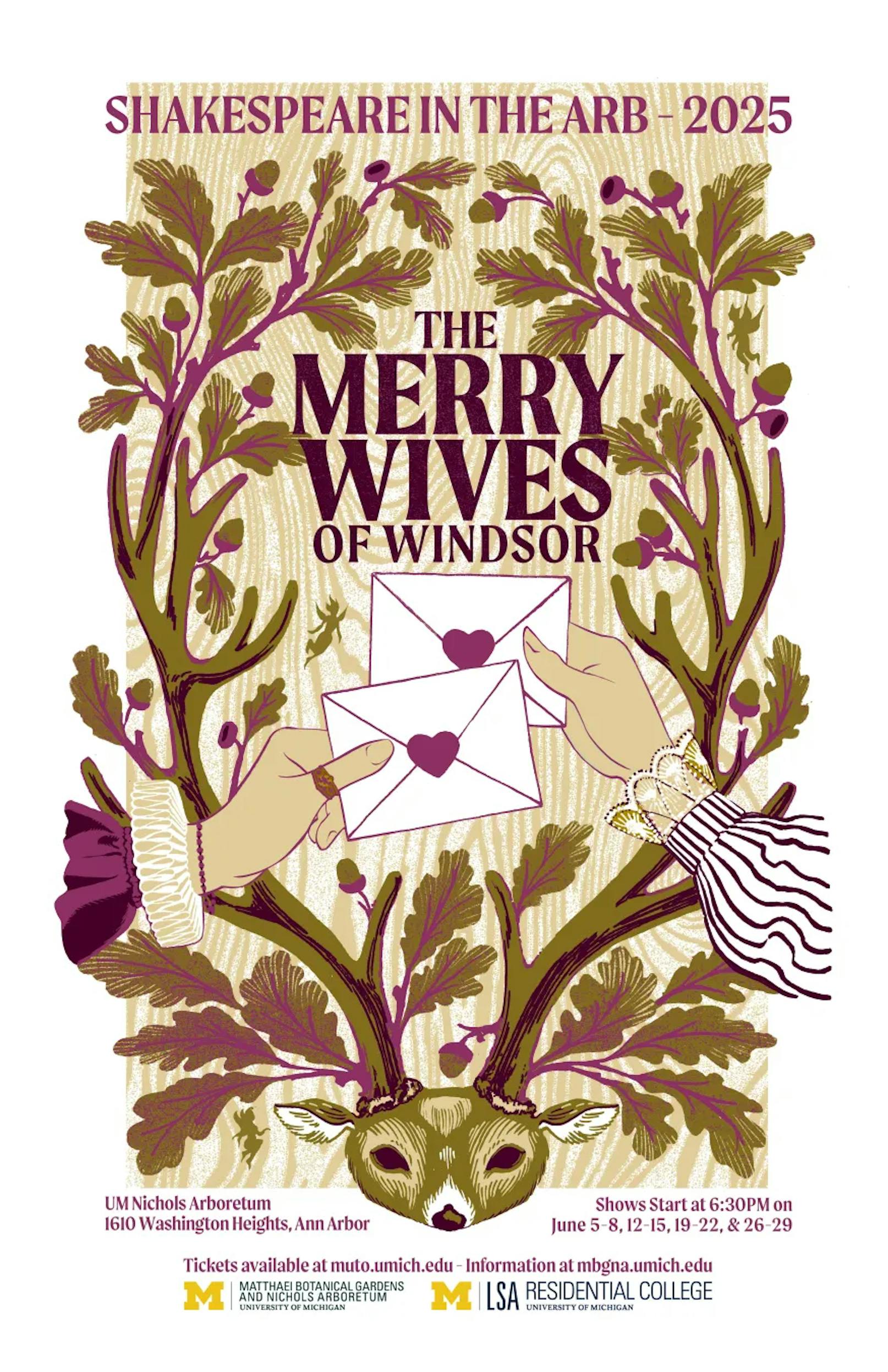 A brown and purple ornamental poster for Shakespeare in the Arb. Shows for "The Merry Wives of Windsor" start at 6:30 p.m. every Thursday, Friday, Saturday and Sunday of June at the University of Michigan Nichols Arboretum.