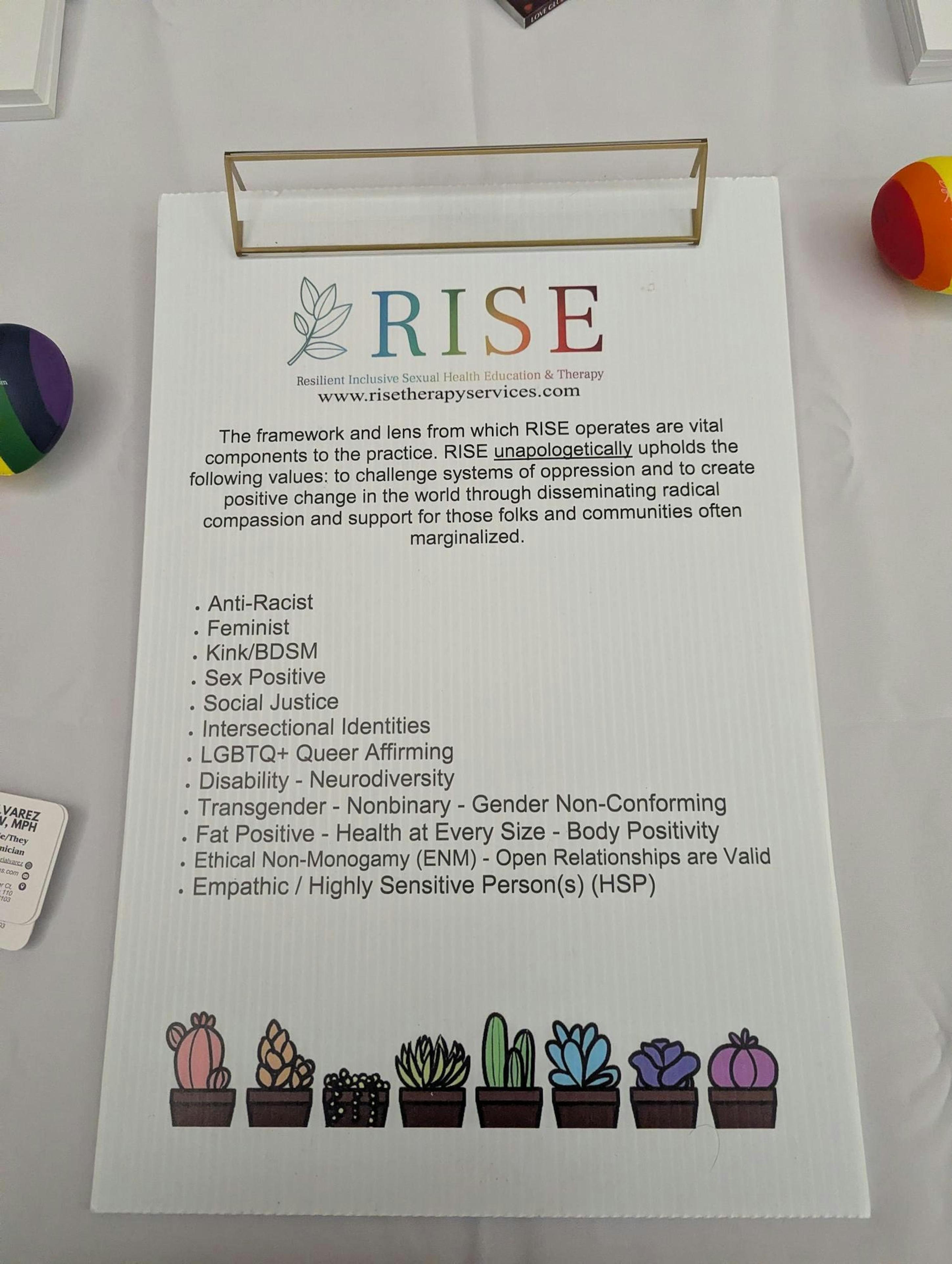 A list of values from RISE therapy.