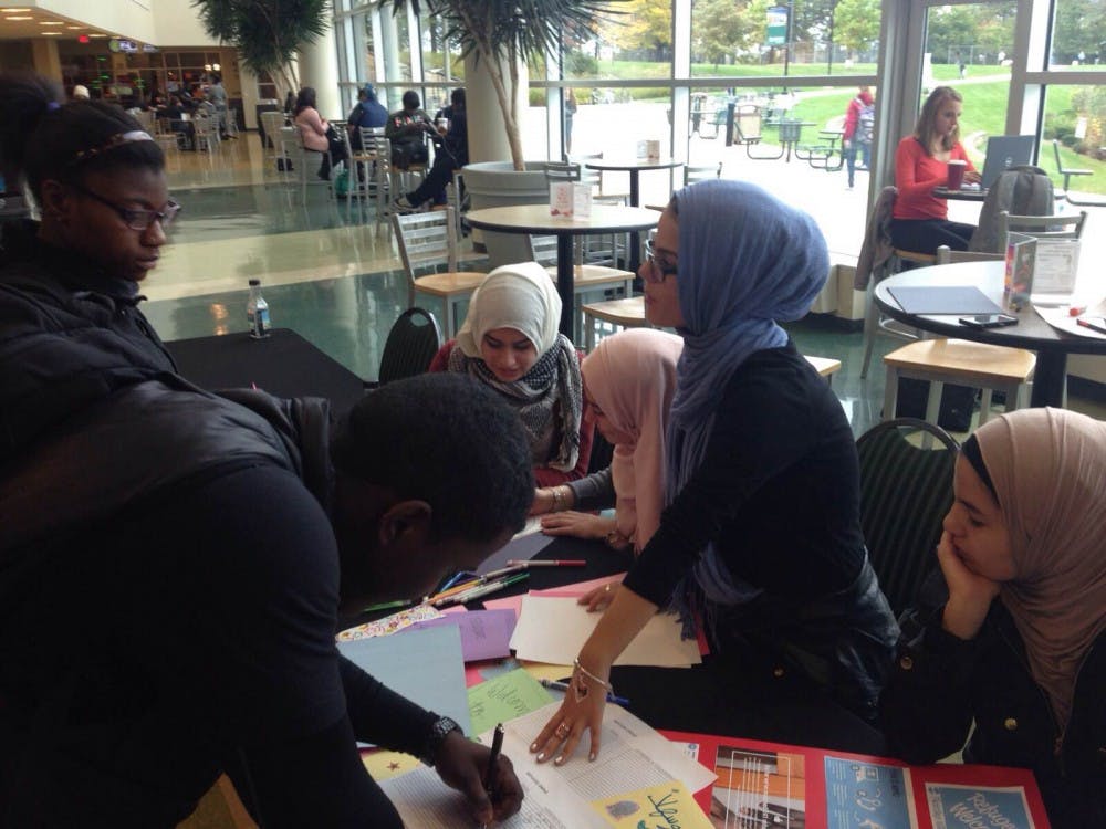 MESA president, Layali Alsadah, spoke with students in the Student Center about the drive.