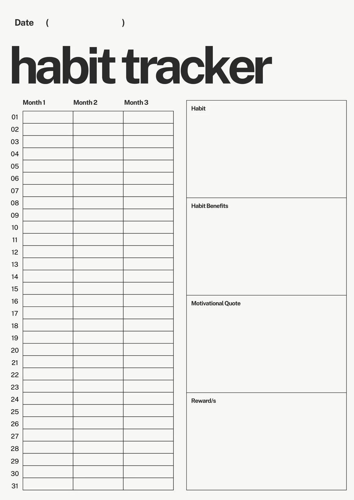 An example of a habit tracker. This habit tracker is a chart that includes a space for the date and two tables. 
