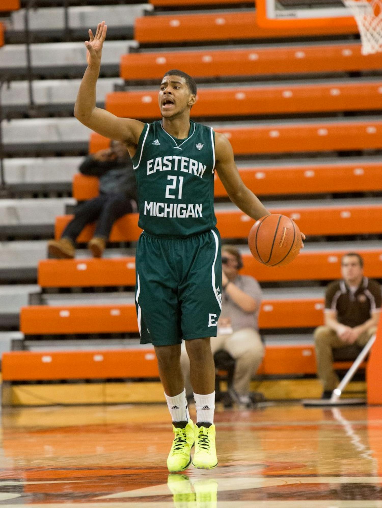 EMU guard Jalen Ross dribbles up court in Eastern Michigan's 56-51 win over Bowling Green Wednesday night.