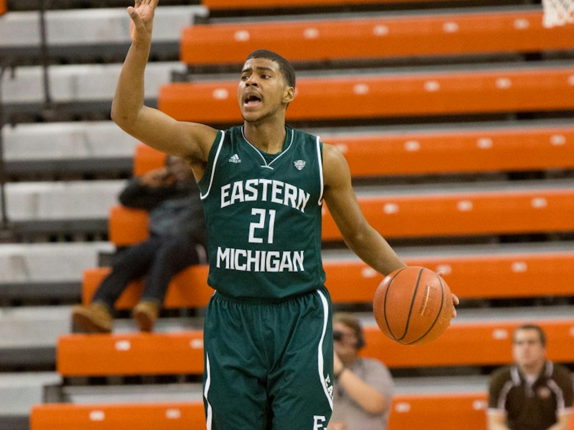 EMU guard Jalen Ross dribbles up court in Eastern Michigan's 56-51 win over Bowling Green Wednesday night.