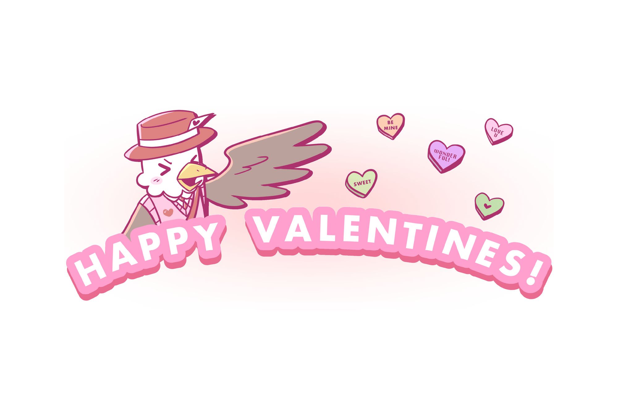 Cartoon graphic of an eagle smiling and holding a wing over pink text reading "Happy Valentines!" 5 candy hearts are above the text.
