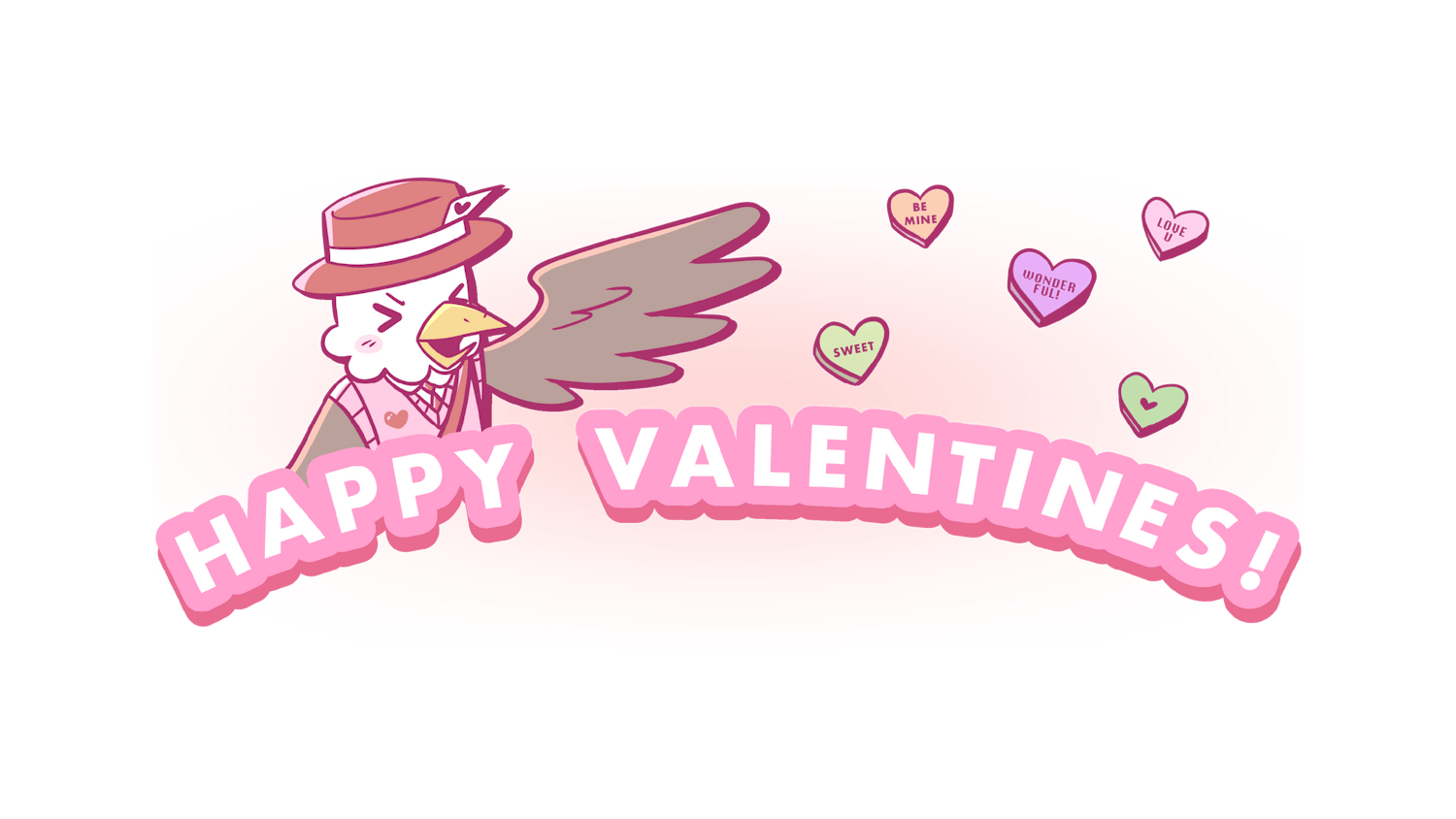Cartoon graphic of an eagle smiling and holding a wing over pink text reading "Happy Valentines!" 5 candy hearts are above the text.